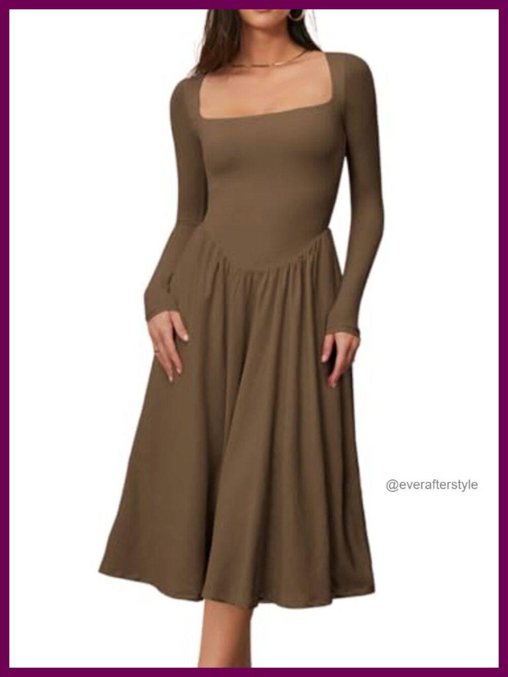 Square Neck Long Sleeve A-Line Midi Dress